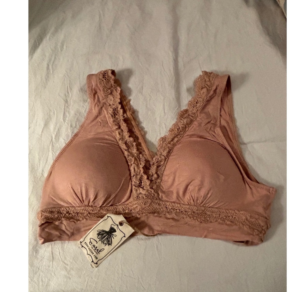NWT Easel Womens Lace Trim Padded Bralette Dusty Rose Pink V-Neck Size Large